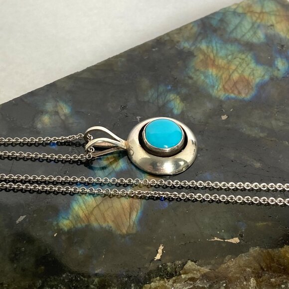 VTG Sterling Silver 925 ML Perry Navajo Southwest Turquoise Pendant Necklace 18" - Picture 3 of 16